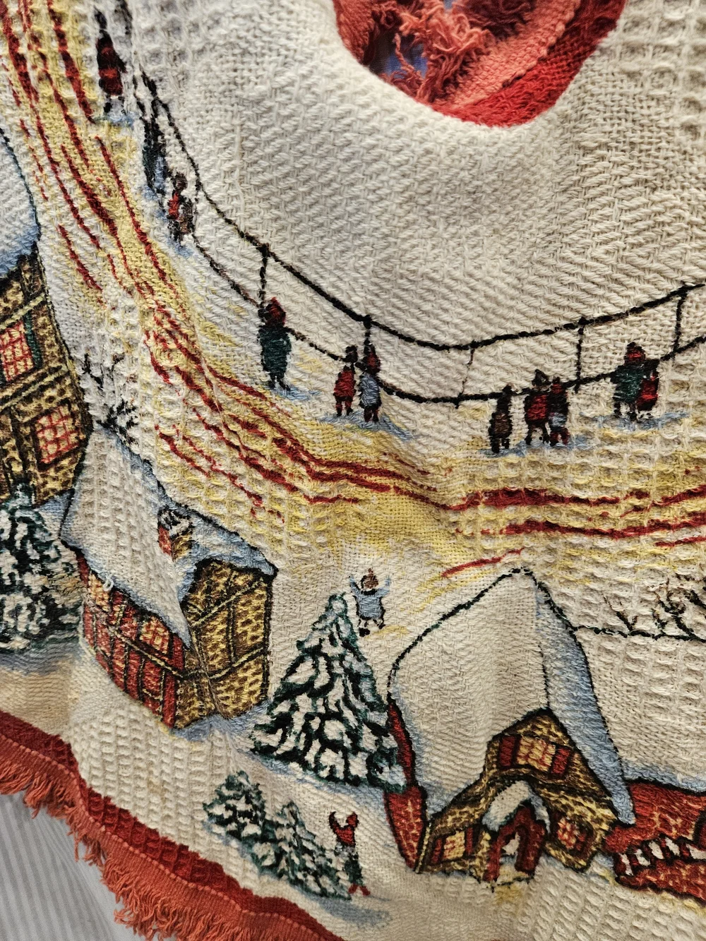 Vintage-Style Red Holiday Tree Skirt w/ Winter Village Scene Waffle Knot Fringe